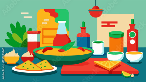 The kitchen is a colorful mess of red and green sauces cheese and tortillas evidence of a successful family dinner preparation.. Vector illustration