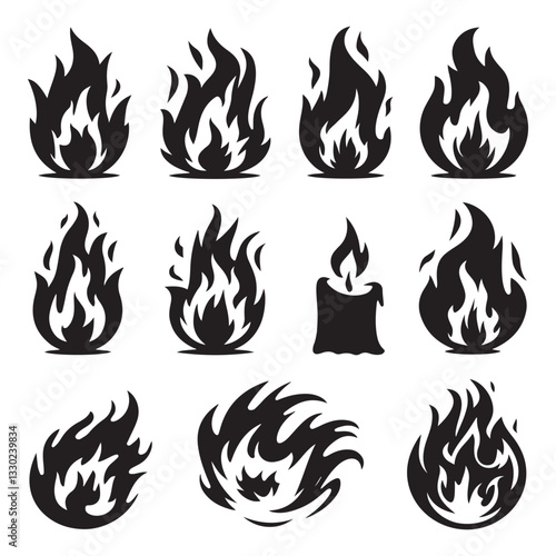 Big set of fire flame vector icons. Collection of fire and flame icons. Bonfire icons, flaming elements.
 Flame Editable Stroke Line Icons Classic silhouette flame. Black fire set isolated on Fire ico