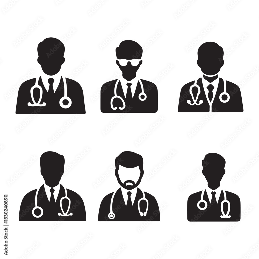 Doctor Vector Icon Set, Six Unique Designs, Black and White, Medical Graphic Resource Doctor Vector Icon Set, Six Unique Designs, Black and White, Medical Graphic Resource