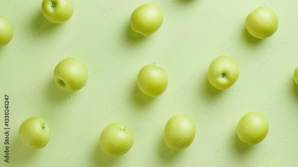 Fresh green apples arranged in a pattern on a light green background Fresh green apples arranged in a pattern on a light green background