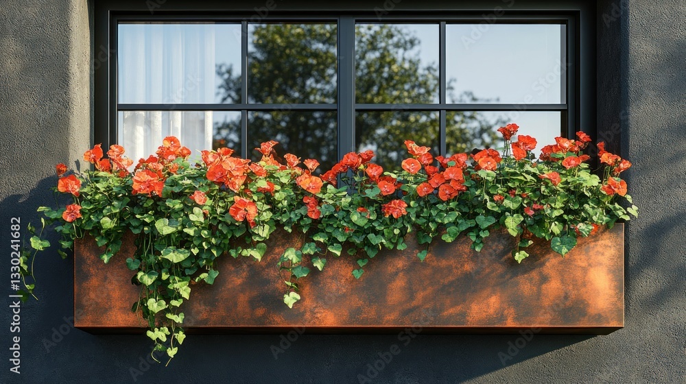 Naklejka premium Copper window box overflowing with vibrant orange flowers and lush green foliage against a dark wall