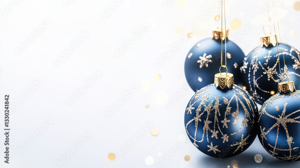 Fototapeta premium Elegant navy blue Christmas ornaments with gold glitter snowflakes on a light gray background