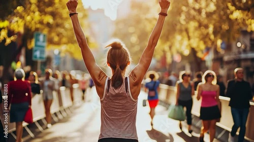 Runner Celebrates Victory on City Street