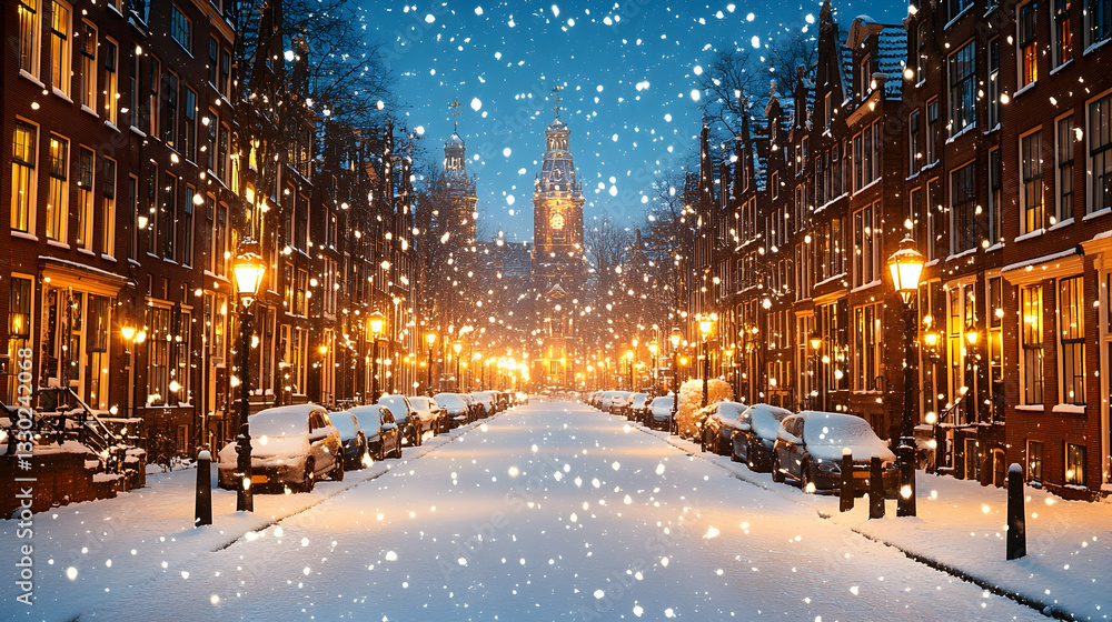 Snowy European Street at Night Snowy European Street at Night