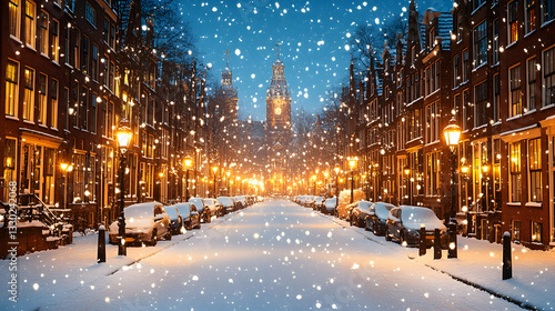 Snowy European Street at Night