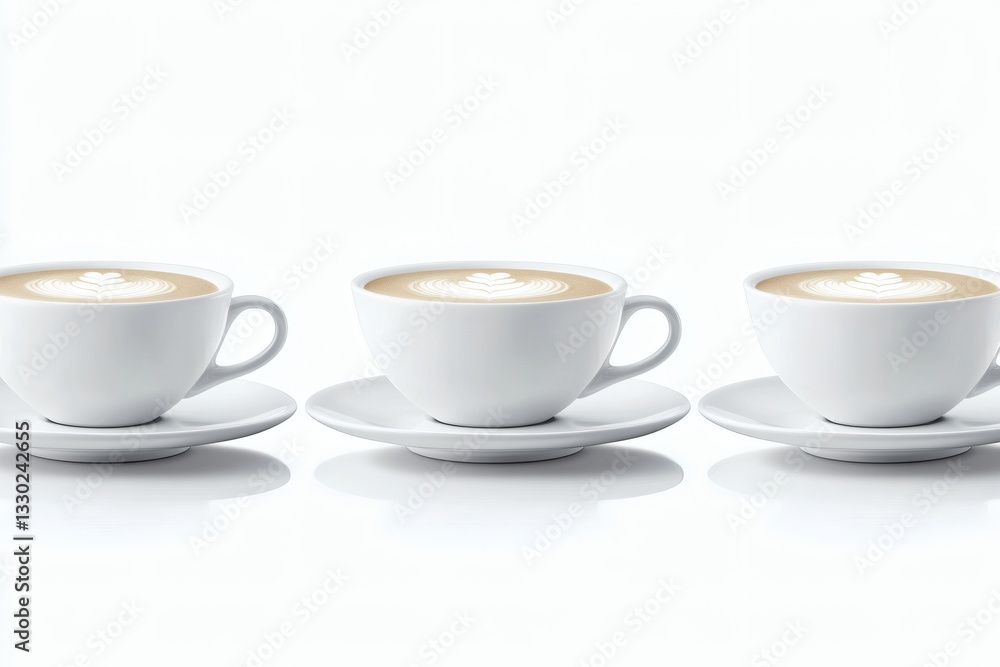 Three Classic White Cappuccino Cups on Saucers, Minimalist Studio Shot Three Classic White Cappuccino Cups on Saucers, Minimalist Studio Shot