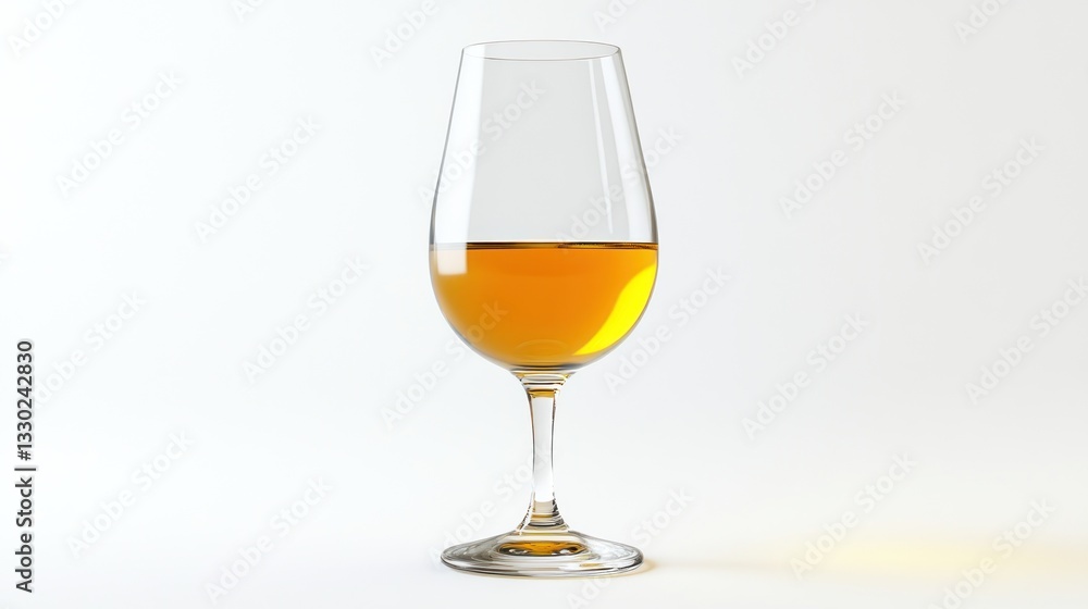 A partially filled, clear stemmed glass showcasing an amber liquid against a bright white backdrop A partially filled, clear stemmed glass showcasing an amber liquid against a bright white backdrop