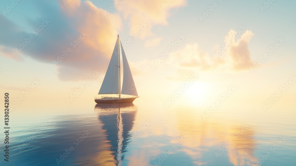 Fototapeta premium Serene sunset seascape with sailboat reflecting on calm water (1)