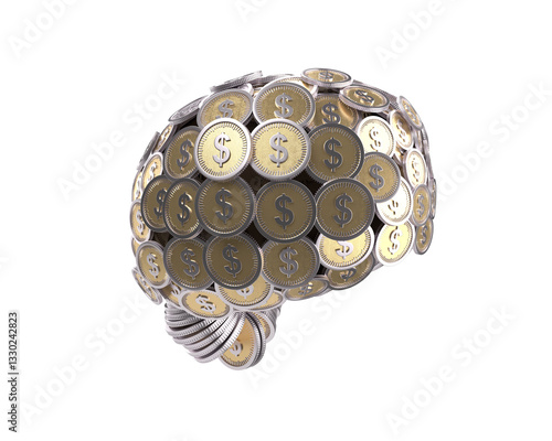 3d money brain isolated on white background. Brain thinking about money. 3d rendering
