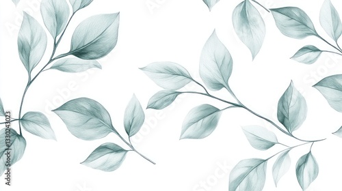 Delicate teal leaves and branches on white background, seamless pattern