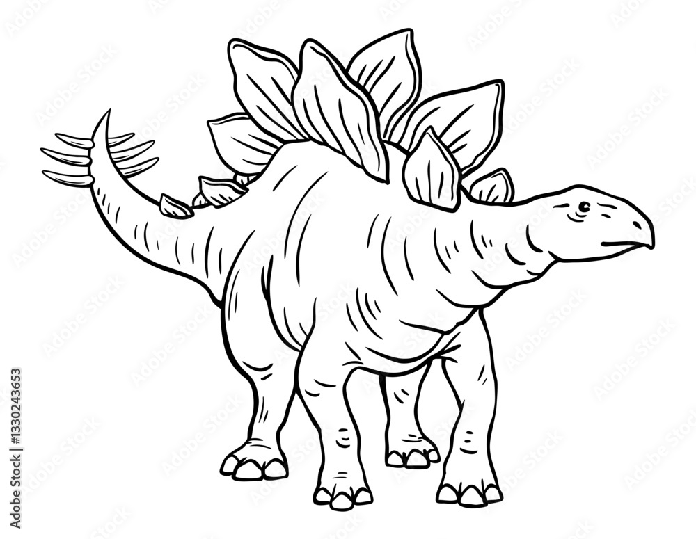Obraz premium Stegosaurus of the Jurassic period. Herbivorous dinosaur with spikes on its tail. Prehistoric animal. Nature and paleontology. Vector cartoon black and white illustration. Hand drawn outline