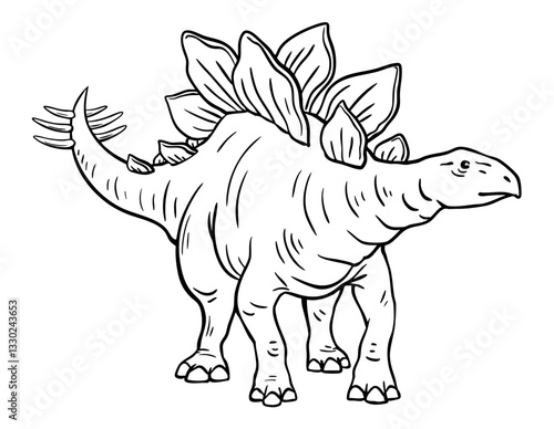 Stegosaurus of the Jurassic period. Herbivorous dinosaur with spikes on its tail. Prehistoric animal. Nature and paleontology. Vector cartoon black and white illustration. Hand drawn outline