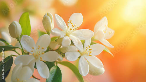 Close-up of blooming white neroli flowers with soft-focus warm orange sunlight. Perfect for spa, aromatherapy, beauty, skincare, relaxation, and botanical-themed designs.
