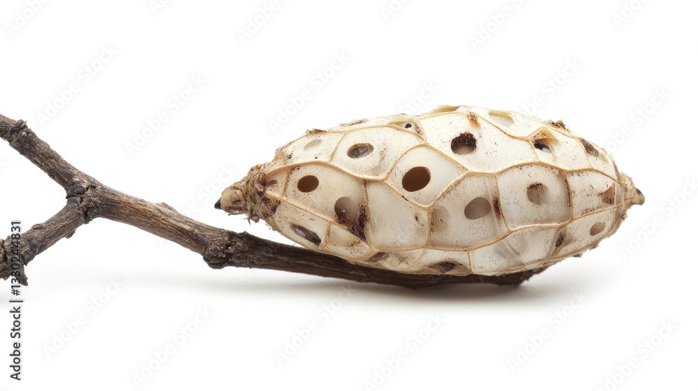 Dried, off-white seed pod with numerous holes, attached to a slender, dark brown twig, isolated on white Dried, off-white seed pod with numerous holes, attached to a slender, dark brown twig, isolated on white