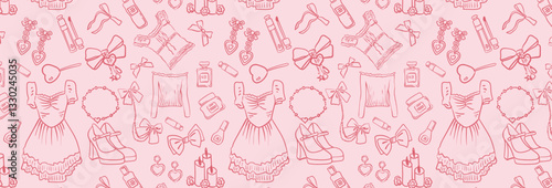 Seamless pattern with cute coquette vintage girly clothes, jewelry, bows, and cosmetics. Hand drawn background in doodle style. Vector drawing for invitation, scrapbooking, postcard or cover of diary.
