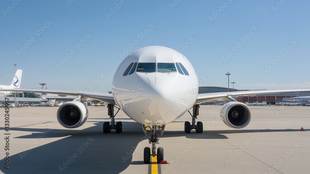 A captivating aerial view of a large passenger jet, gleaming under the sun, parked on a runway. Surrounding it are airport facilities and distant mountains, showcasing a busy travel hub. A captivating aerial view of a large passenger jet, gleaming under the sun, parked on a runway. Surrounding it are airport facilities and distant mountains, showcasing a busy travel hub.