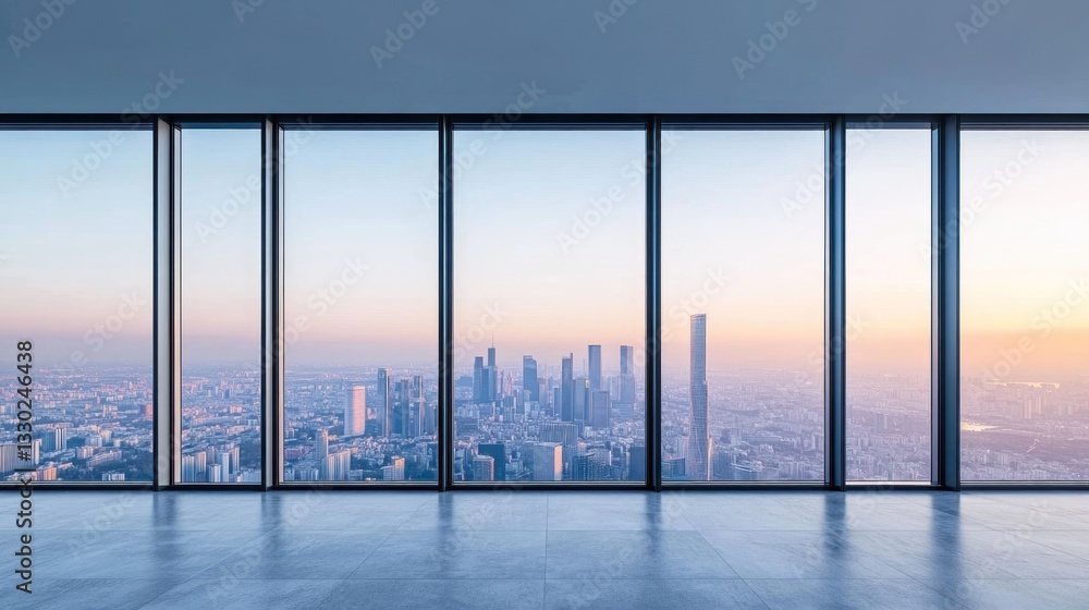 Fototapeta premium Cityscape view through large windows with pink & blue skyline over a polished floor