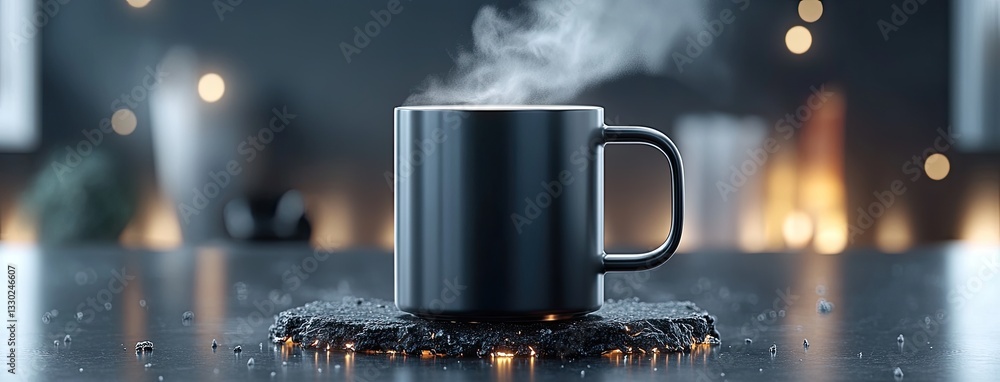 A black matte metal mug sits in an open fire pit, with steam rising and green leaves surrounding it on a dark backdrop A black matte metal mug sits in an open fire pit, with steam rising and green leaves surrounding it on a dark backdrop