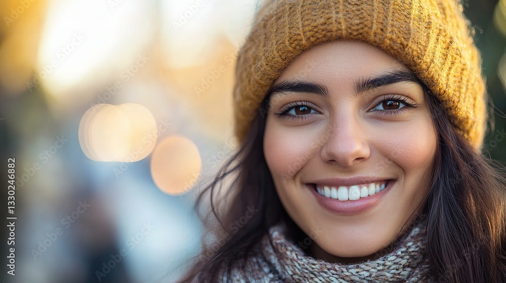 Charming Young Woman Smiling in Cozy Winter Hat Outdoors Charming Young Woman Smiling in Cozy Winter Hat Outdoors