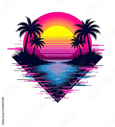 This captivating design features a vibrant vaporwave aesthetic with bold colors and glitch effects