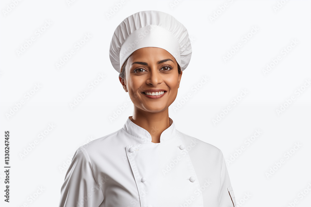 Smiling Indian women chef in white background. Showcasing passion for food, culinary skills, and vibrant flavors. Perfect for food culture. Cook recruitment. India. Smiling Indian women chef in white background. Showcasing passion for food, culinary skills, and vibrant flavors. Perfect for food culture. Cook recruitment. India.