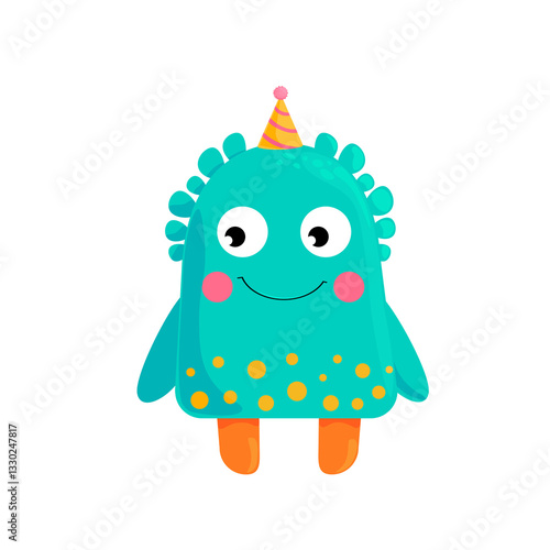 Cute Blue Monster with a Party Hat – Vector Illustration