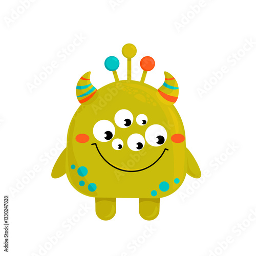 Cartoon Illustration of a Funny Olive-Green Multi-Eyed Monster – Vector File