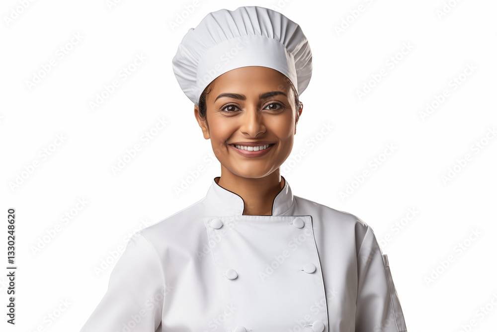 Smiling Indian women chef in white background. Showcasing passion for food, culinary skills, and vibrant flavors. Perfect for food culture. Cook recruitment. India. Smiling Indian women chef in white background. Showcasing passion for food, culinary skills, and vibrant flavors. Perfect for food culture. Cook recruitment. India.