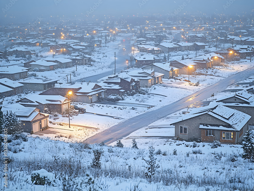 Obraz premium Snowy suburban neighborhood at night