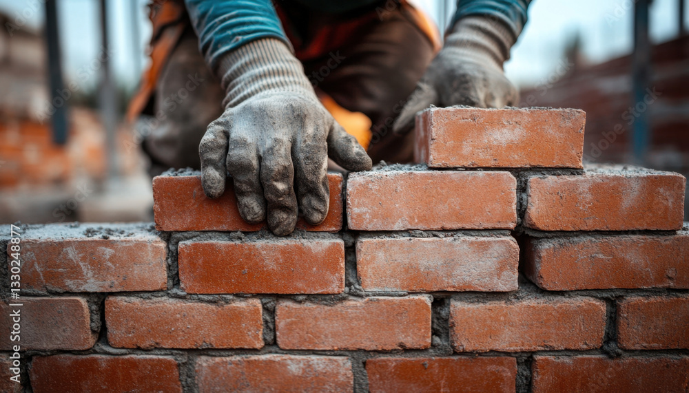 Hands wearing gloves are carefully placing bricks in a precise manner on a construction project, focusing on quality and technique Hands wearing gloves are carefully placing bricks in a precise manner on a construction project, focusing on quality and technique