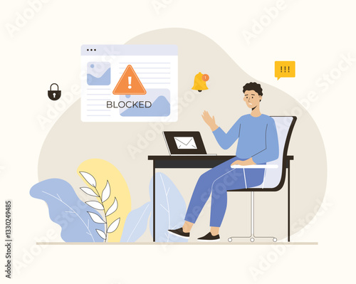 Blocking, banned user account on social media. Error, access is denied. Account safety and secure. Flat vector illustration.