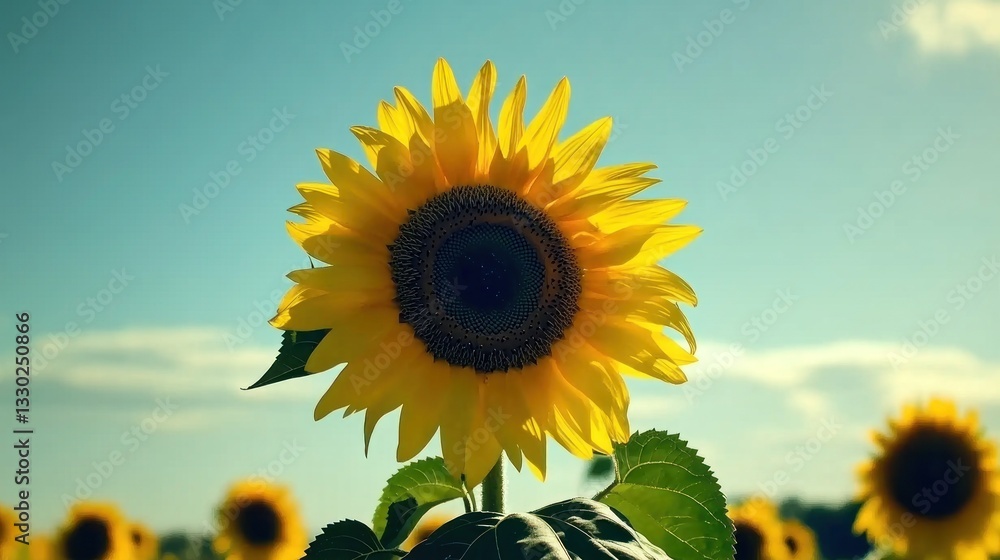 Obraz premium Blooming sunflower shines against bright sky, fields of sunflowers in background