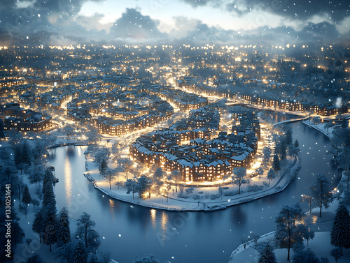 Snowy winter city lights, river bend