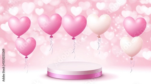 Heart balloons float above a pink stand