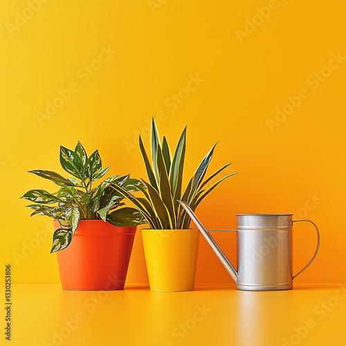 Wallpaper Mural Minimalist yellow background with plants in pots Torontodigital.ca