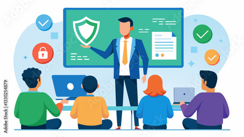 A presenter leads a workshop on cybersecurity highlighting the importance of protecting personal information in this digital age and providing handson tips for staying safe online.. Vector