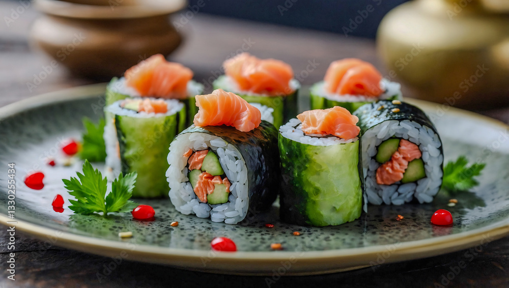 Sushi rolls with salmon and cucumber on a decorative plate Sushi rolls with salmon and cucumber on a decorative plate