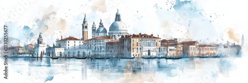 Watercolor Venice Cityscape - Serene watercolor painting of Venice, Italy. Symbolising romance, history, canals, architecture, and travel. A peaceful and picturesque view