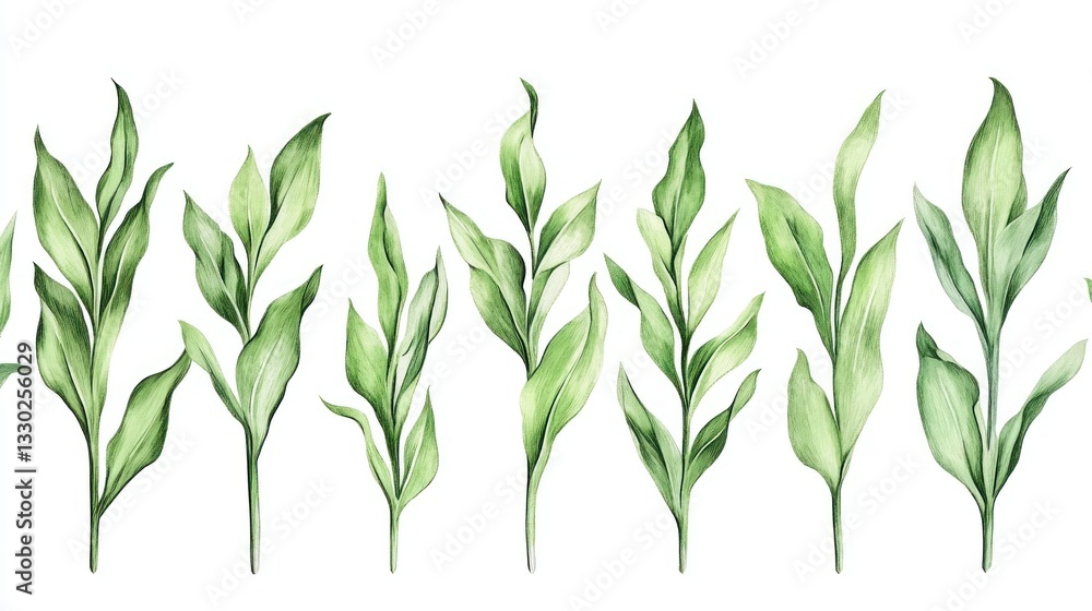 Fototapeta premium Green leaf plant stems watercolor, seamless banner on white background