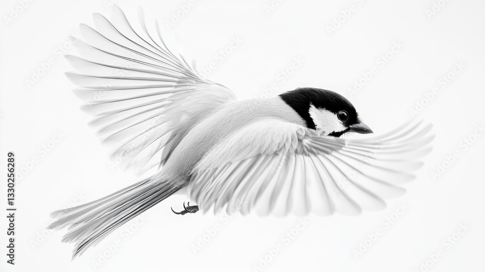 Naklejka premium Small bird soars with spread wings, black and white