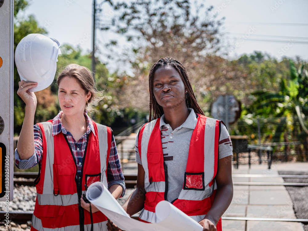 A team of accomplished rail transport professionals or railway engineers are conducting structural inspections and maintenance checks following a freight train management plan on the railway tracks.