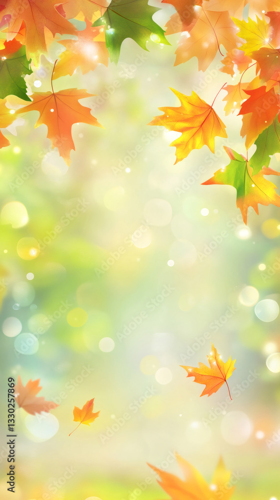 Vibrant maple foliage drifting through sunlit woodland, generating soft bokeh against golden autumn landscape Vibrant maple foliage drifting through sunlit woodland, generating soft bokeh against golden autumn landscape
