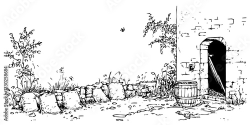 rustic courtyard sketch doodle vector illustration engraving vintage stone wall