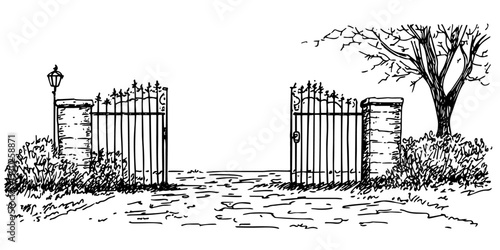 wrought iron entrance gate to courtyard doodle sketch vector illustration