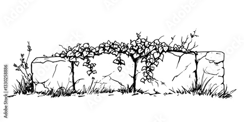 old wall overgrown with climbing plants doodle sketch vector illustration