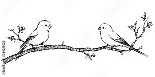 two lovebirds parakeets sitting on a branch doodle sketch vector illustration
