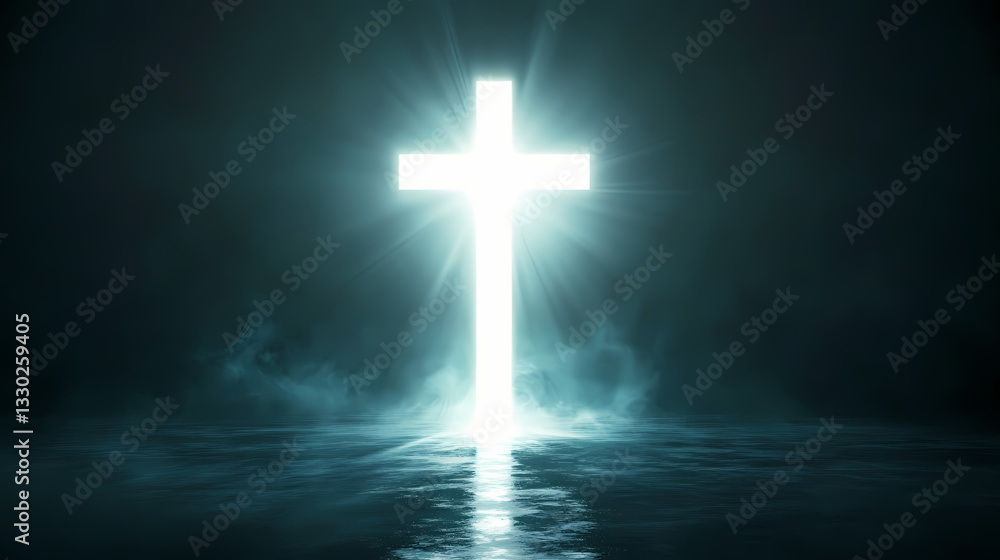 Fototapeta premium A glowing white cross emits radiant light against a dark background symbolizing hope faith and spirituality. Elysian Radiance. Illustration