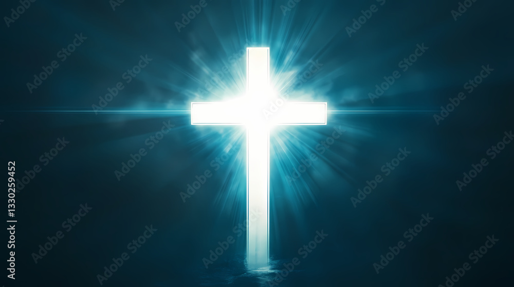 Fototapeta premium A glowing white cross emits radiant light against a dark background symbolizing hope faith and spirituality. Elysian Radiance. Illustration