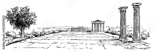 ancient greek temple ruins sketch doodle vector illustration engraving vintage classical architecture