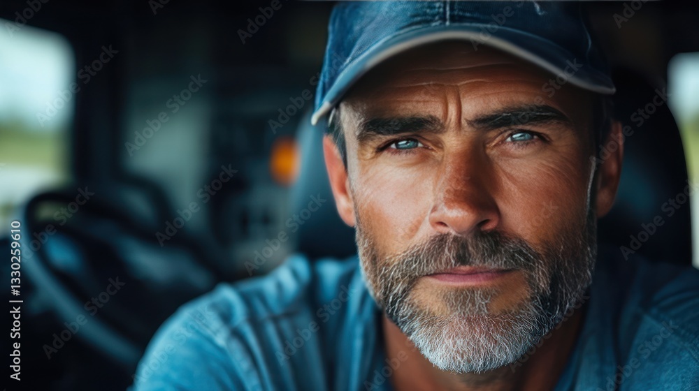 Close-up portrait of a truck driver, wearing a cap, truck in background Close-up portrait of a truck driver, wearing a cap, truck in background